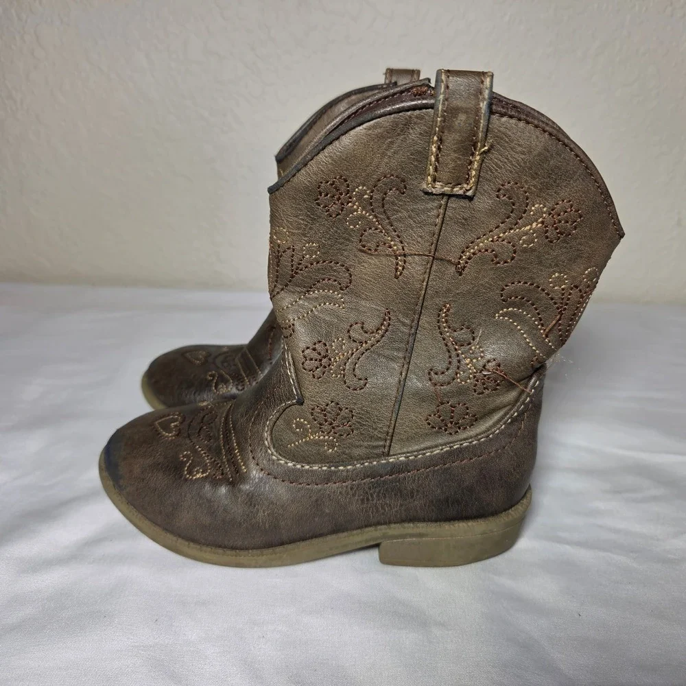 Toddler Brown Faux Leather Western Cowboy Boots Floral Embroidery Size 10 S1621